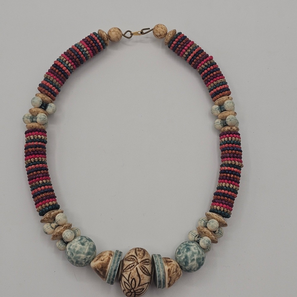 Beaded Statement Necklace Multicolor Boho Tribal Chunky Earthy - Picture 4 of 12